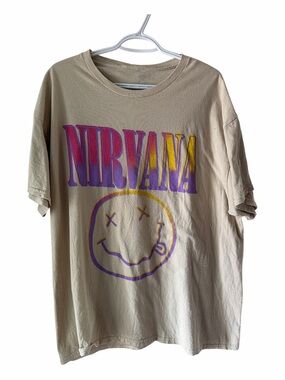 NIRVANA Beige Tee with Purple and Yellow Graphic